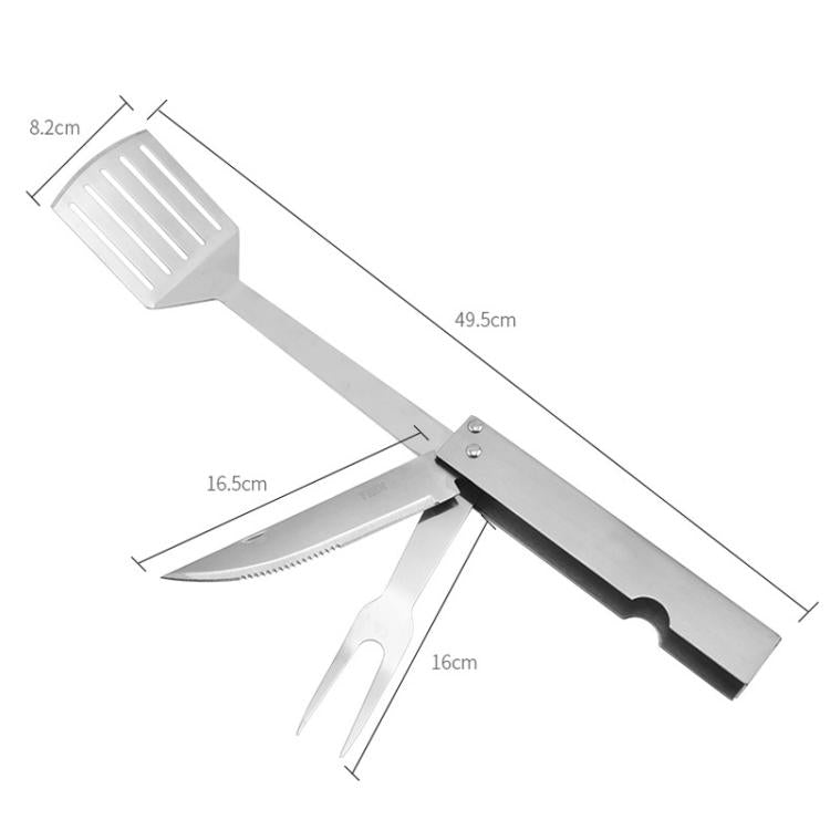 3-in-1 stainless steel BBQ tool with slotted tongs, knife edge, and fork, extended
