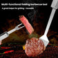 3-in-1 stainless steel BBQ tool with slotted tongs, knife, and fork for grilling