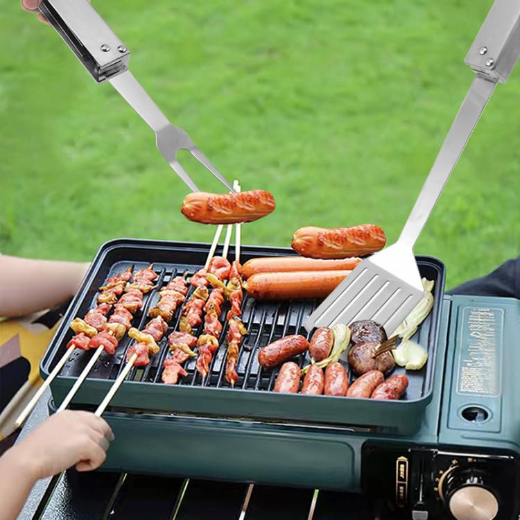 3-in-1 foldable stainless steel BBQ tong tool with knife and fork for grilling