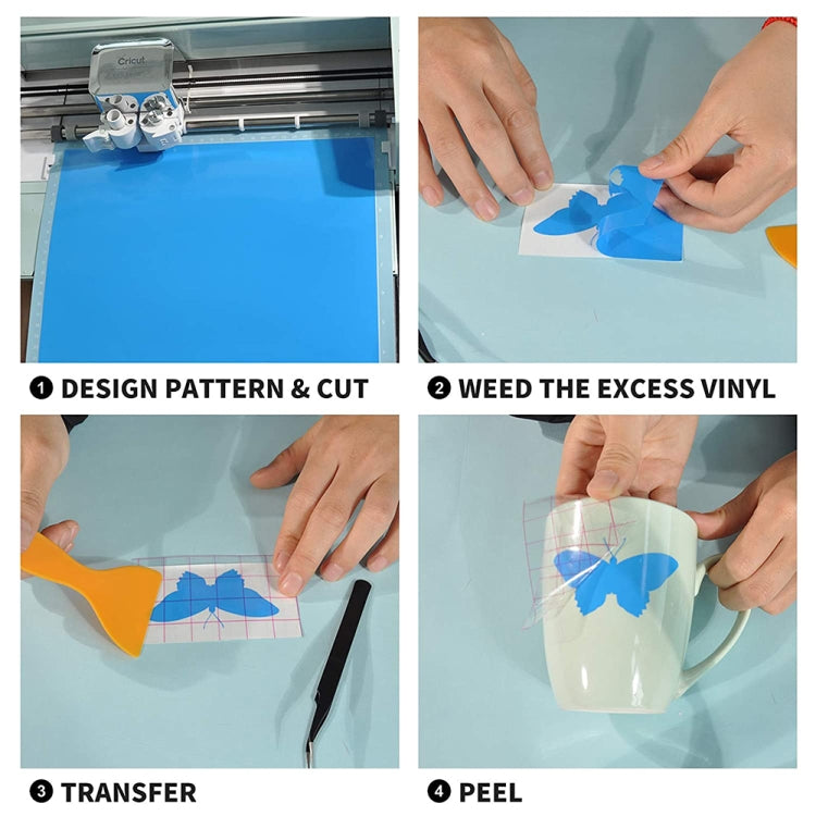 Self-adhesive vinyl craft cutout and transfer film with hands applying blue shapes