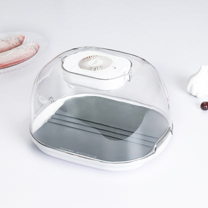 Gray quick thaw tray with clear dome cover and ribbed warming plate inside