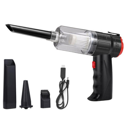 Handheld car vacuum cleaner with clear dust chamber, black body, red switch