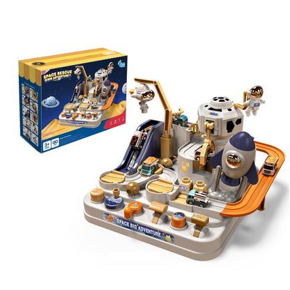 Space-themed mechanical rail car track toy with rocket and astronaut figures, three vehicles