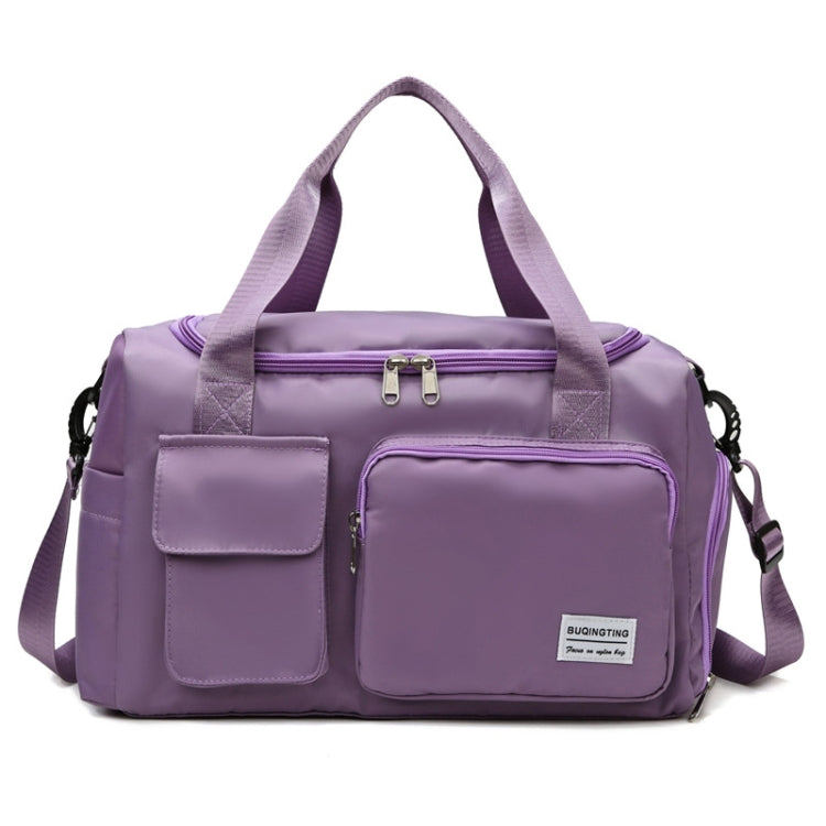 Lavender purple waterproof travel gym bag with front zip pocket and shoulder strap