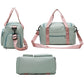 Light green waterproof travel duffel bag with pink straps, front pocket, and zip top