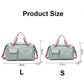 Light teal travel duffel bag with pink handles, shown in S and L sizes
