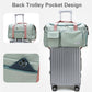 Light teal duffel bag with back trolley pocket, secured on a rolling suitcase