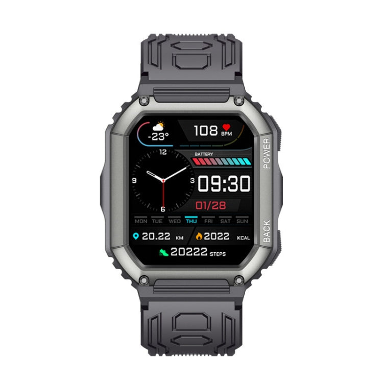 Black smartwatch with square display, showing time and fitness stats, on rugged strap
