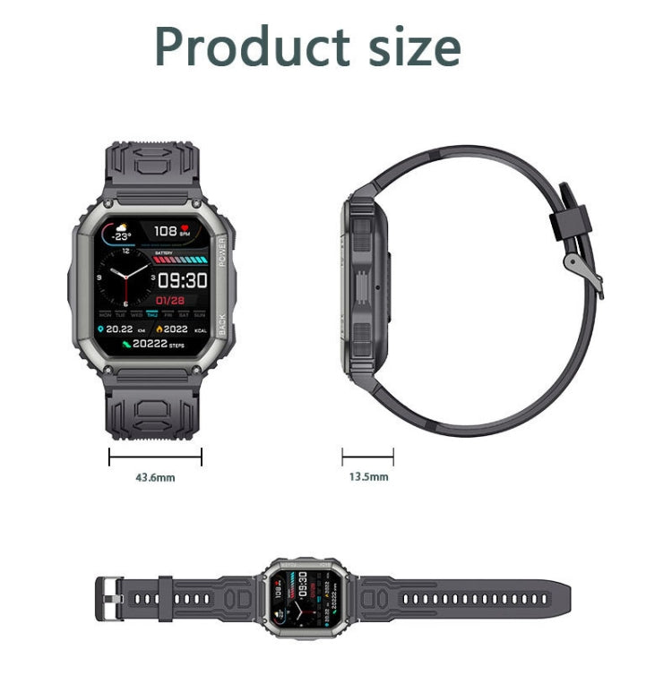 Black smartwatch with rugged strap shown front, side, and band length measurements