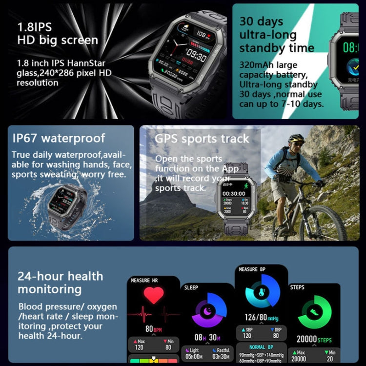 Black smartwatch close-up with bright display and rugged strap, showing UI elements
