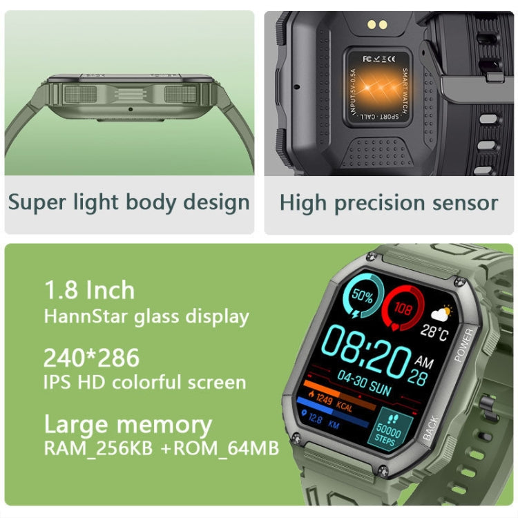 Green smartwatch with 1.8-inch color display and sporty textured strap