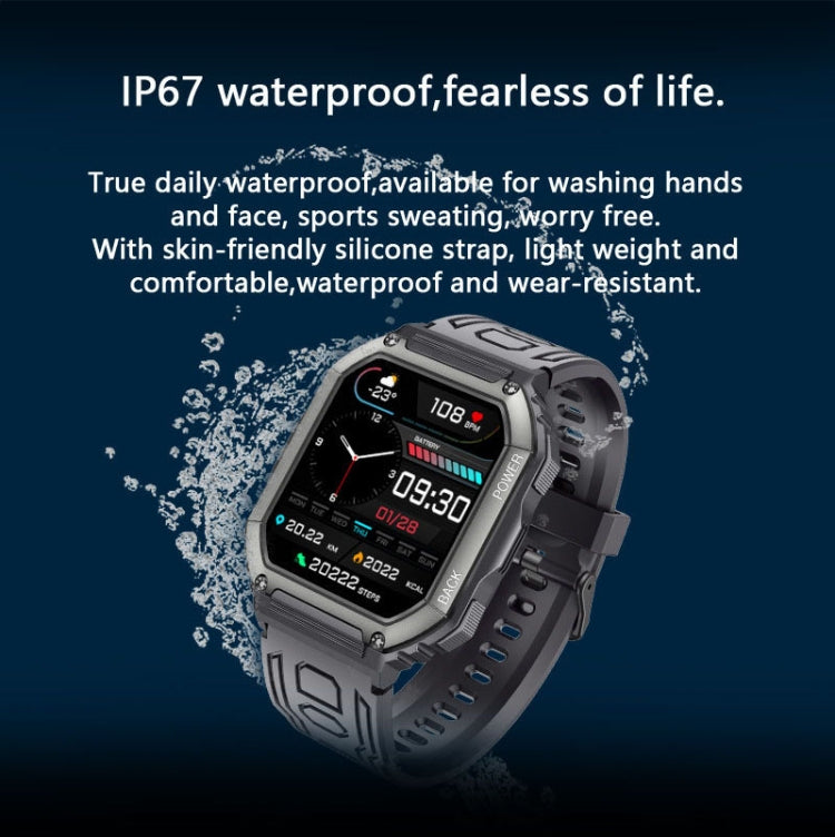 Black smartwatch with water splash effect, square screen showing time and temperature