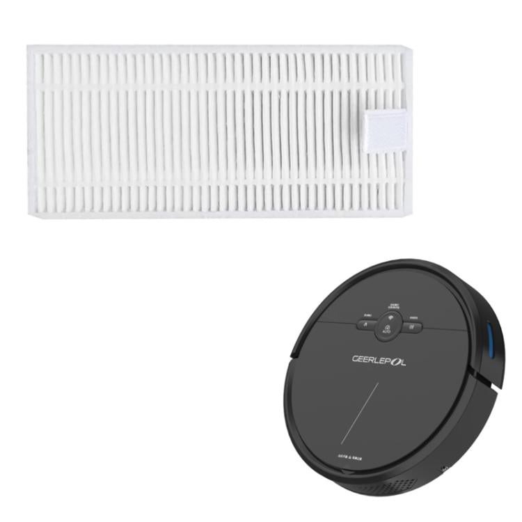 White pleated HEPA filter panel with tab, shown with gray robot vacuum
