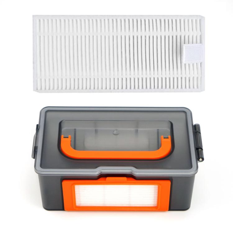 Gray dust box with orange handle and white HEPA filter insert