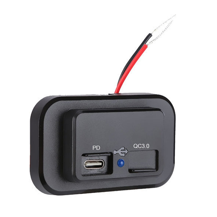 Black 18W car charger with PD USB-C and QC3.0 ports, power indicator and cables