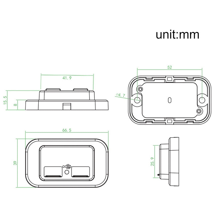 Technical dimension diagram of a compact black charger with two ports