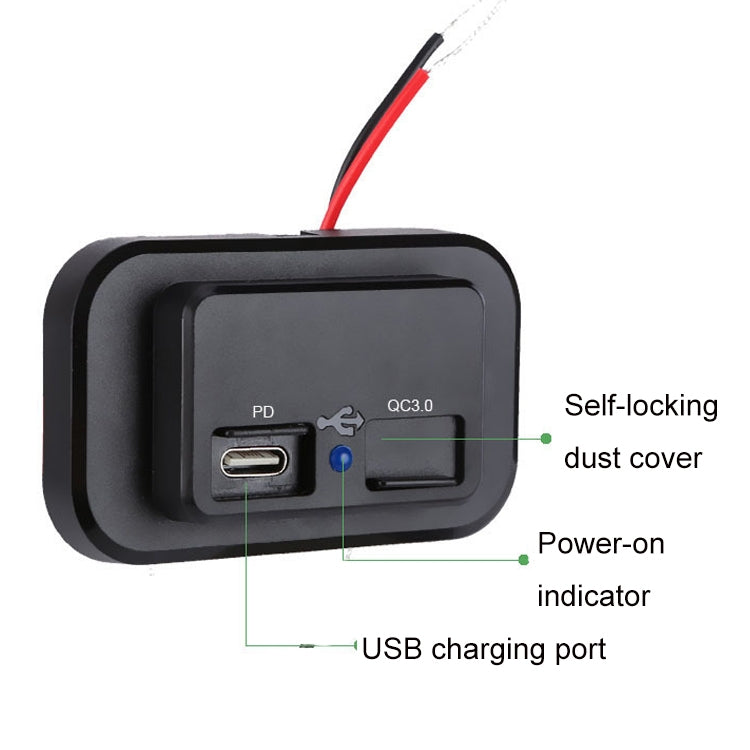 Black charger panel with PD USB-C port, QC3.0 port, dust cover and power-on indicator