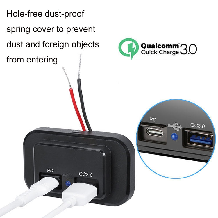 Black dust-proof charger with spring cover over PD/QC3.0 ports and USB cables