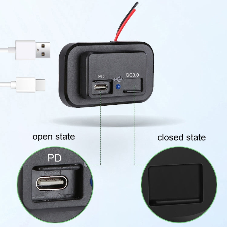 Black charger showing dust cover open vs closed over PD USB-C and QC3.0 ports