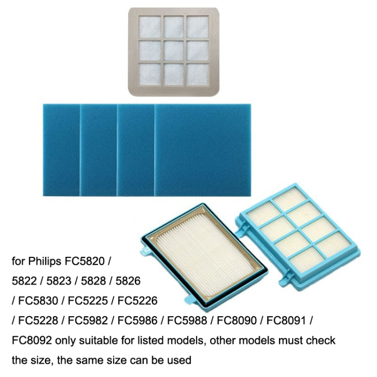 Filter bundle with gray sponge inlet pad, blue foam sheets, and blue outlet filter