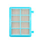 Square outlet filter with blue frame and white pleated media grid