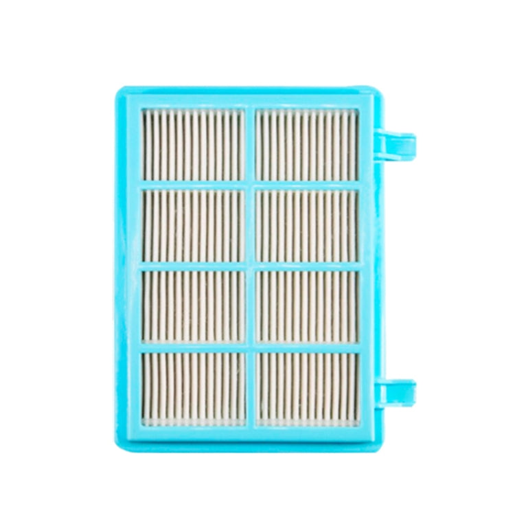 Square outlet filter with blue frame and white pleated media grid