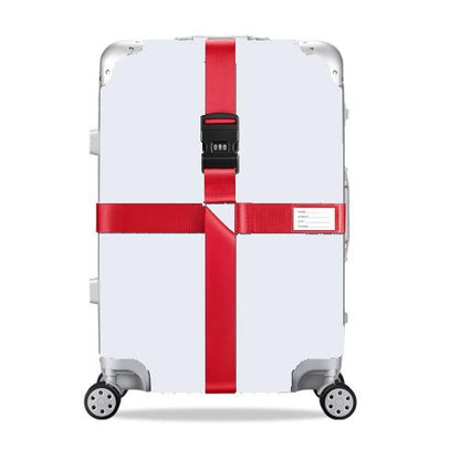White hard-shell suitcase with red cross reinforcement straps and combination lock