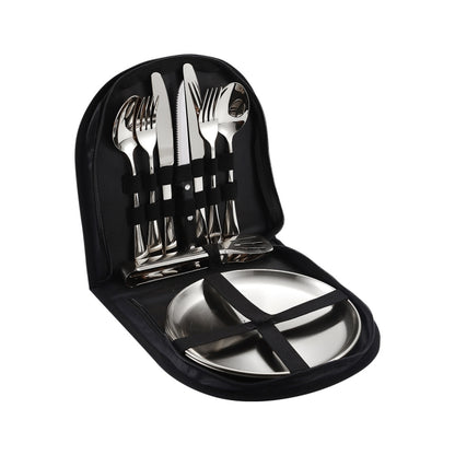 Portable cutlery set in black pouch with silver knife, fork, and spoon set