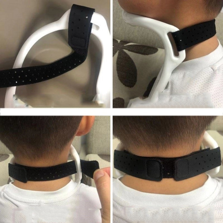 White neck brace with perforated black strap and center buckle adjustment