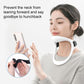 White neck support collar with black straps, worn by person holding a phone
