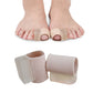 Toe separator tube sleeves for hallux valgus, shown on feet with big toe openings