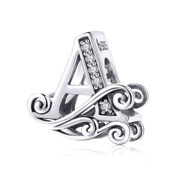 Silver-tone letter A charm with round rhinestones and swirl filigree