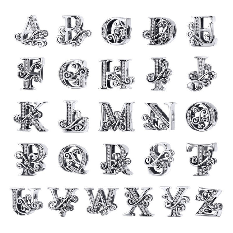 Assorted silver letter charms with black enamel and zircon inlay