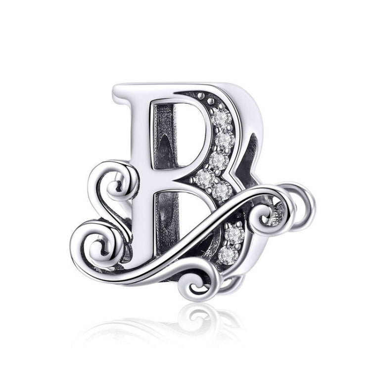 Silver-tone letter B charm with round rhinestones and curled filigree