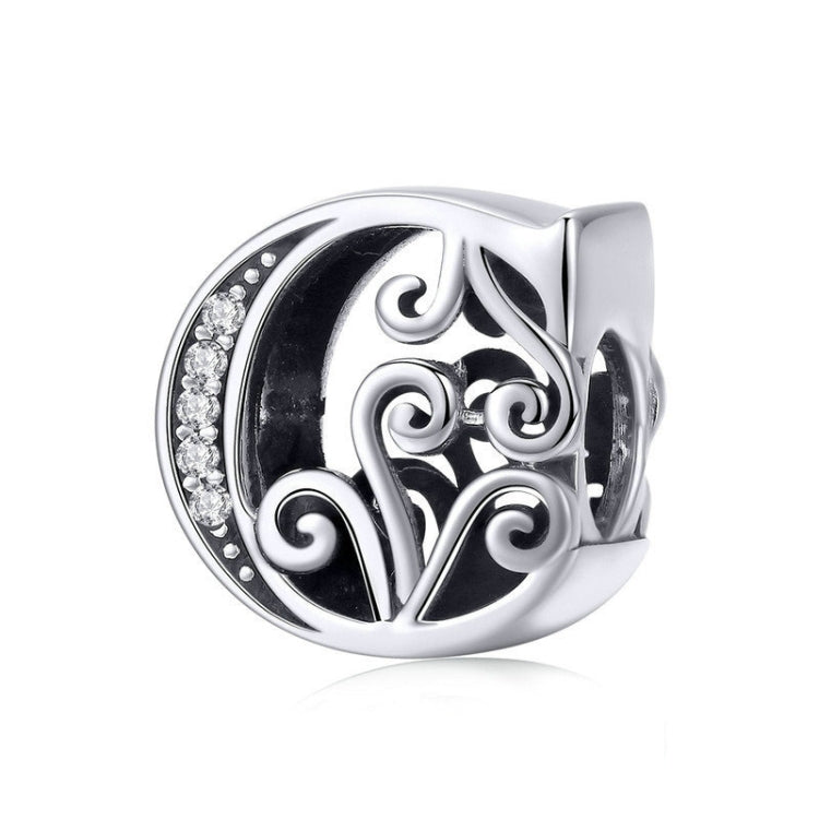 Silver-tone letter C charm with round rhinestones and swirling filigree