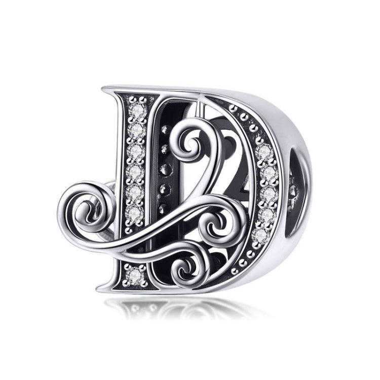 Silver-tone letter D charm with round rhinestones and ornate scroll filigree