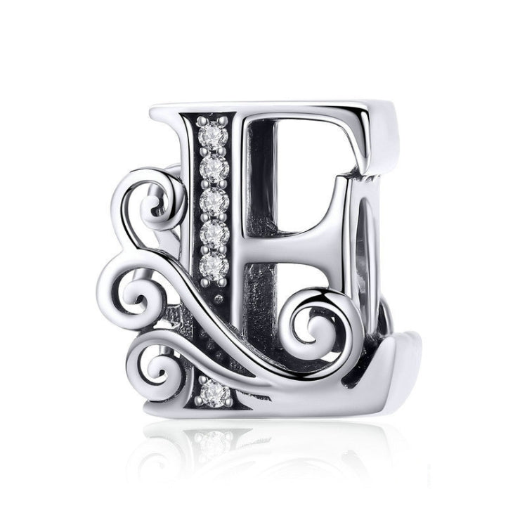 Silver-tone letter E charm with round rhinestones and decorative swirl details