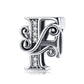 Silver-tone letter F charm with round rhinestones and curled filigree