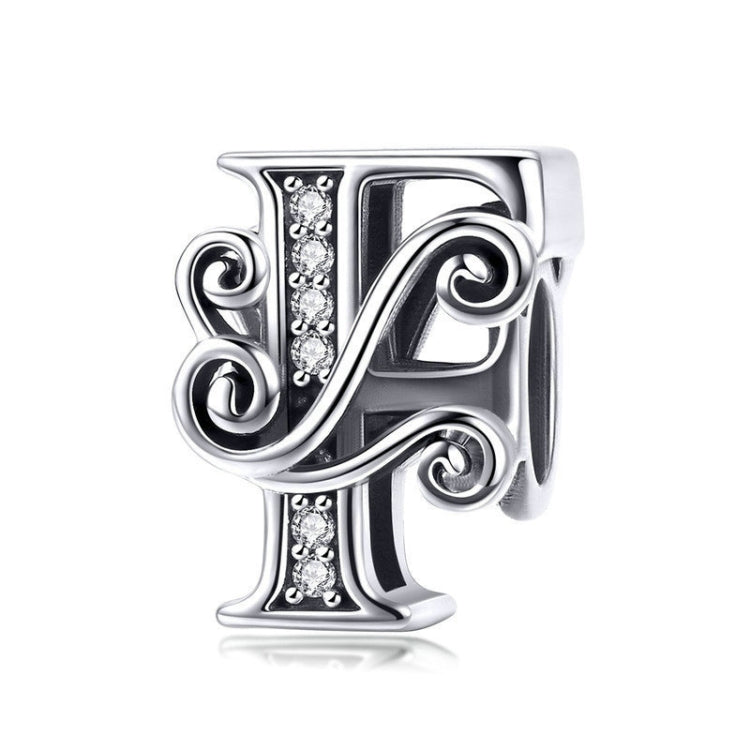 Silver-tone letter F charm with round rhinestones and curled filigree