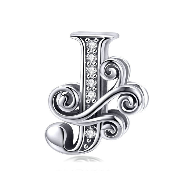 Silver-tone letter J charm with round rhinestones and spiral scrollwork