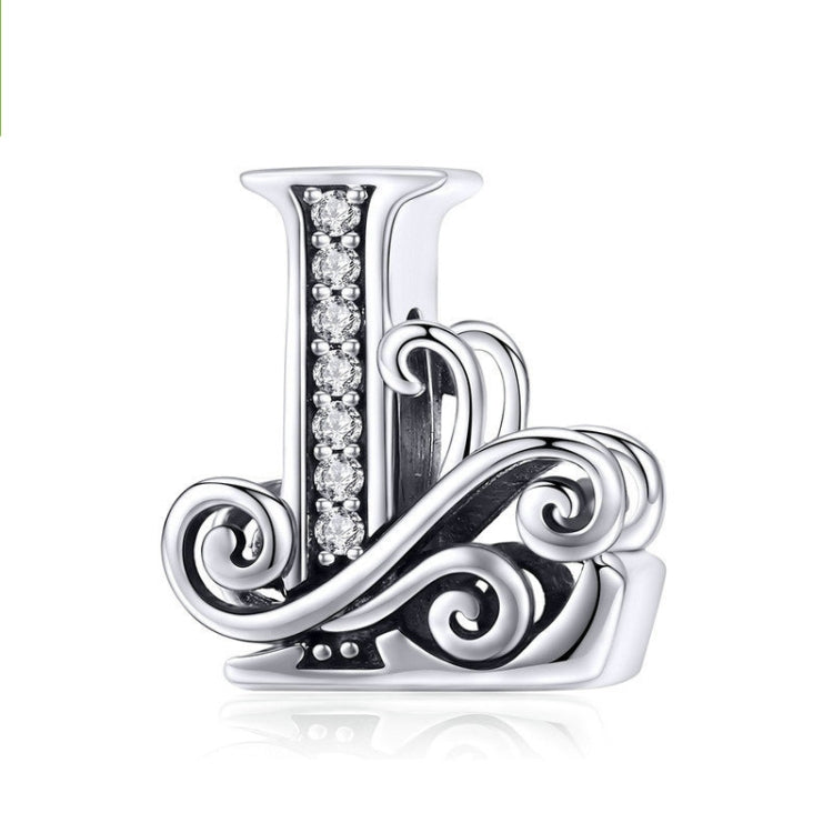 Silver-tone letter charm with black enamel and rhinestone row detail, cursive “L” style