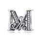 Silver-tone letter charm with black enamel and rhinestone accents, cursive “M” style