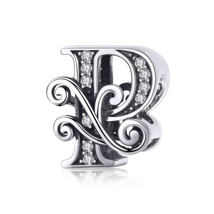 Silver-tone letter charm with black enamel and rhinestone accents, cursive “P” style