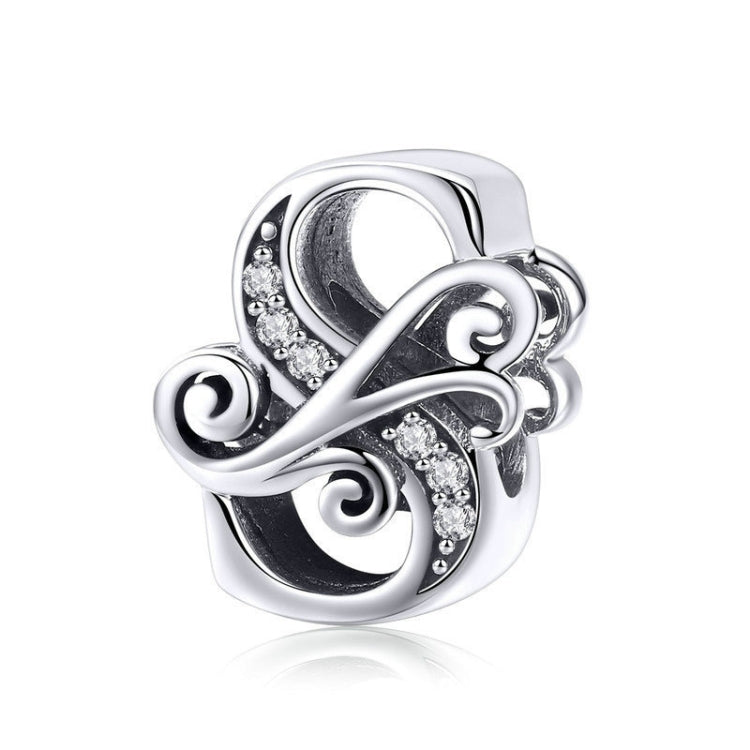 Silver-tone letter charm with black enamel and rhinestone accents, cursive “S” style