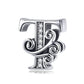 Silver-tone letter charm with black enamel and rhinestone center row, cursive “T” style