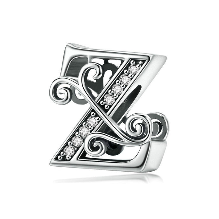 Silver letter charm with black enamel stripes and sparkling zircon inlay