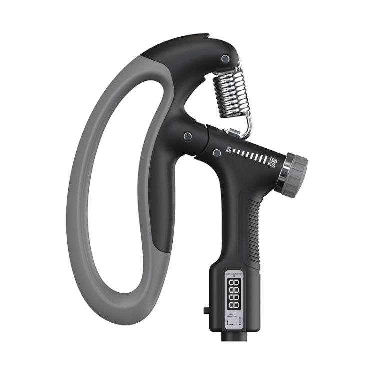 Black adjustable electronic grip arm trainer with spring gripper and digital controller