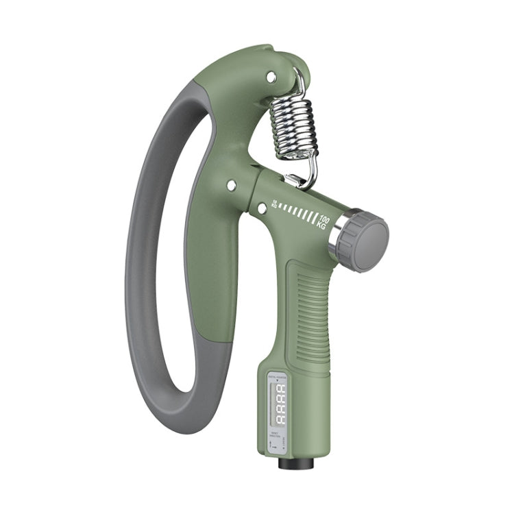 Green adjustable electronic grip arm trainer with spring gripper and digital controller