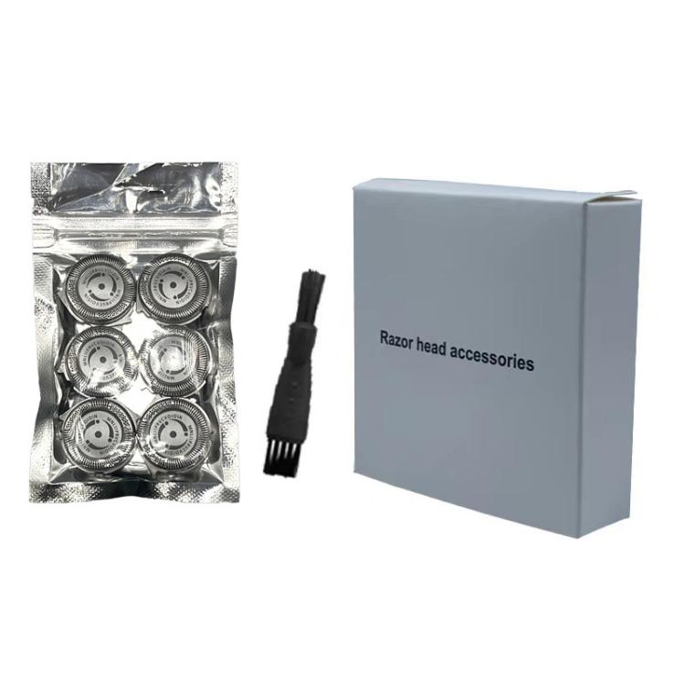 6-pack razor head accessories in sealed bag and cardboard box