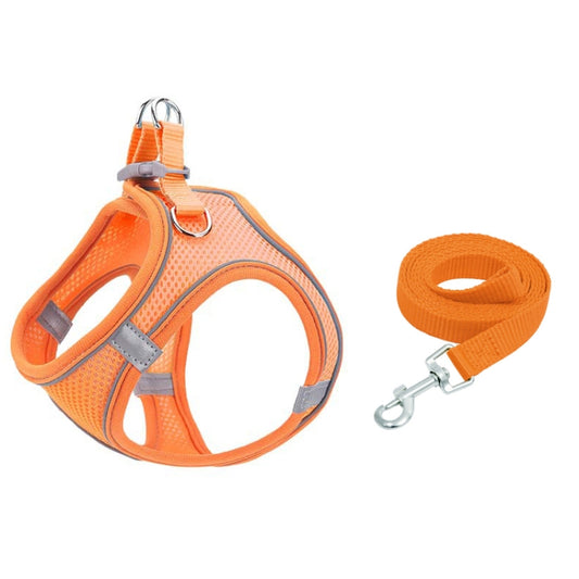 Orange breathable pet chest strap vest with reflective panel and traction rope